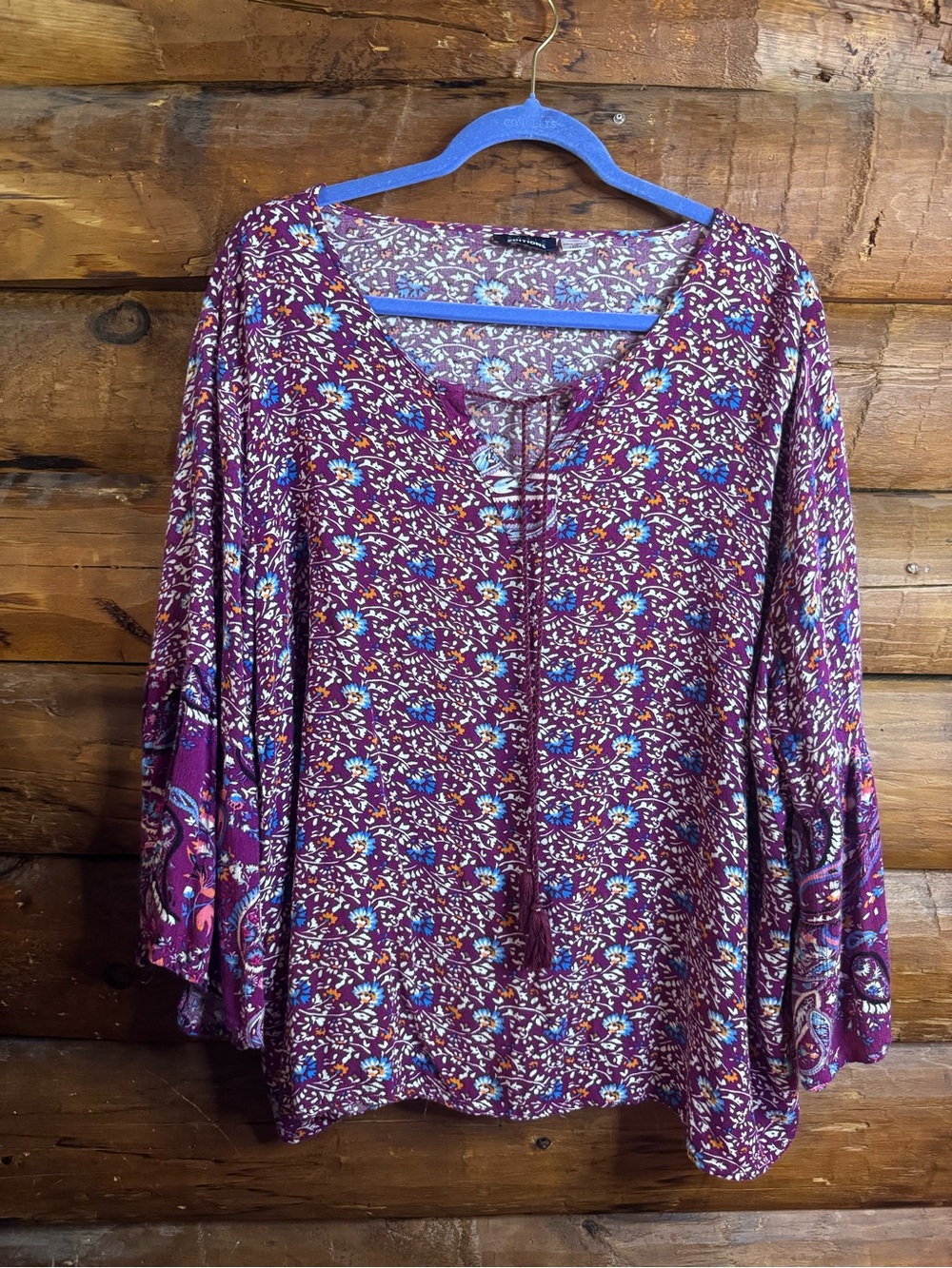 Basic Editions Burgundy Floral Tie-Neck Peasant Top